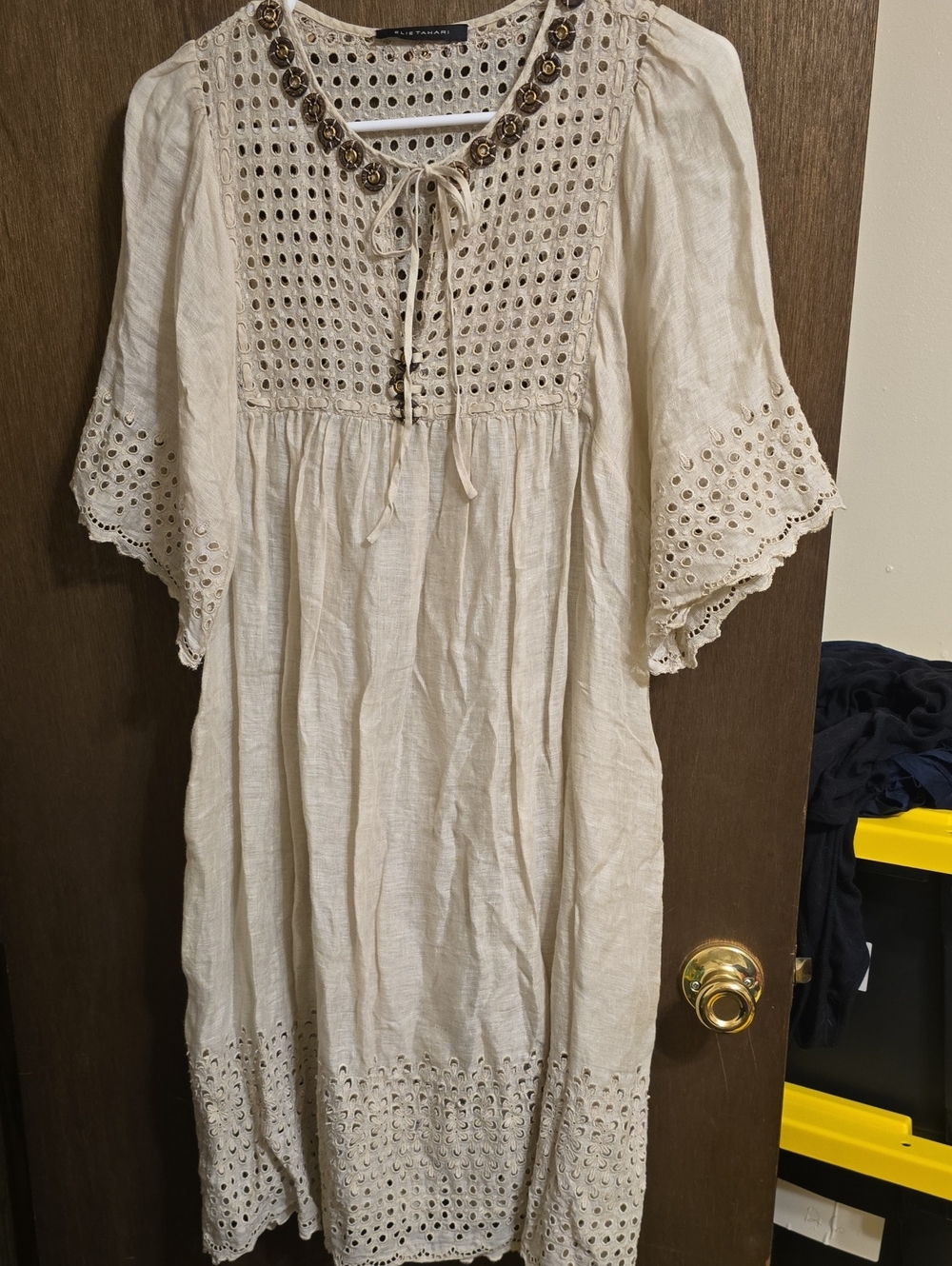 Neutral Eyelet Linen Midi Dress with Neck Tie
